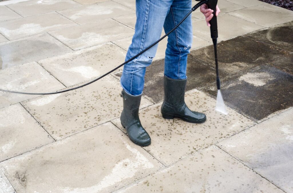 Upstate Softwash experts performing pressure washing on a commercial building in Albany County, pressure washing near me.