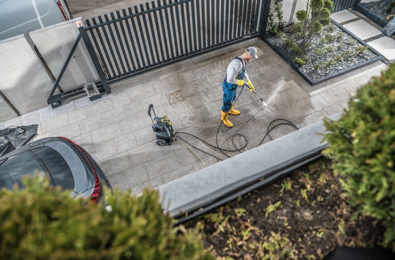 A team member from Upstate Softwash washing a house in Saratoga Springs, NY, improving the home’s curb appeal.