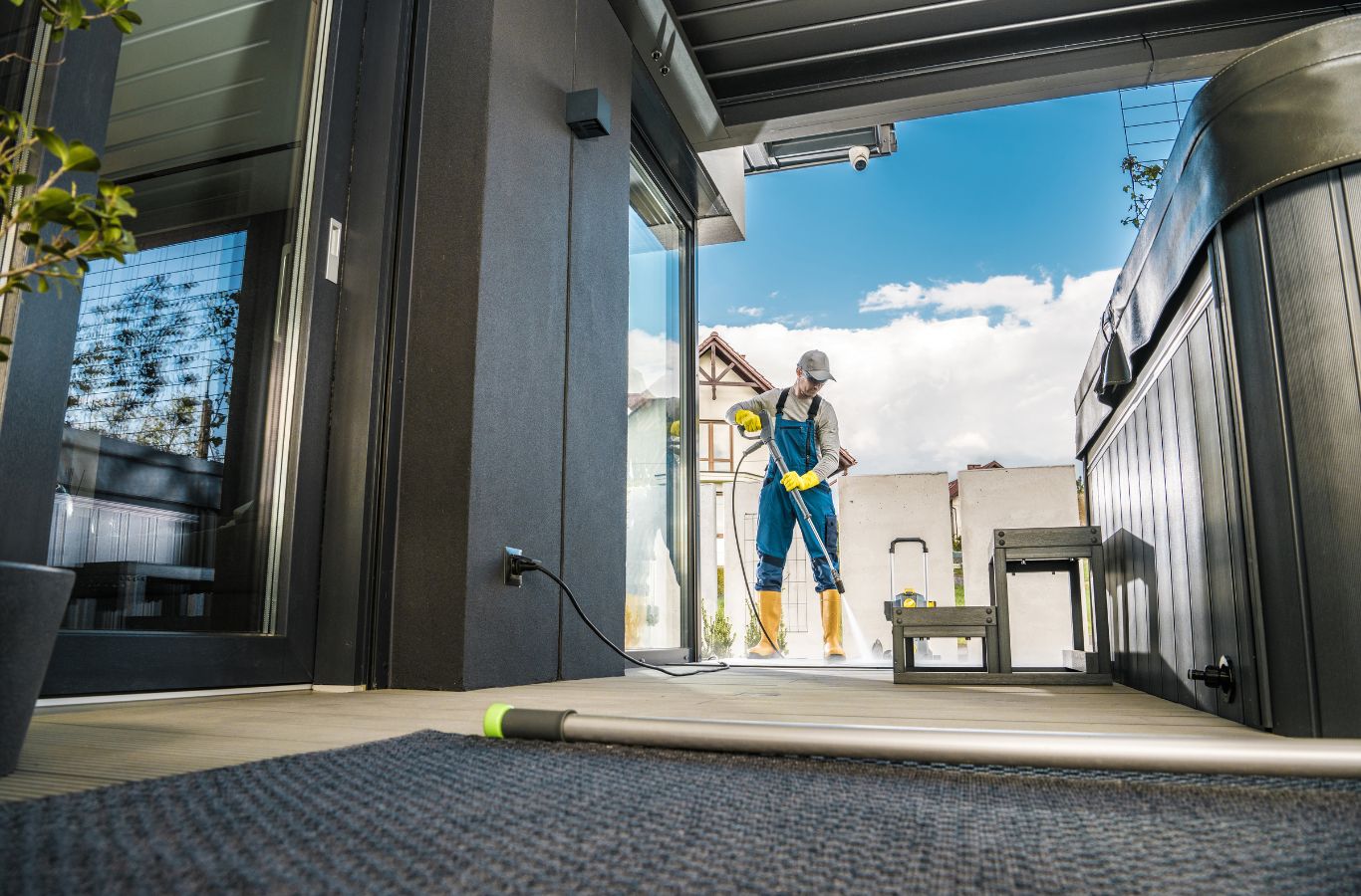 An Upstate Softwash technician performing professional house washing on a residential property in Halfmoon, NY, restoring its original luster.